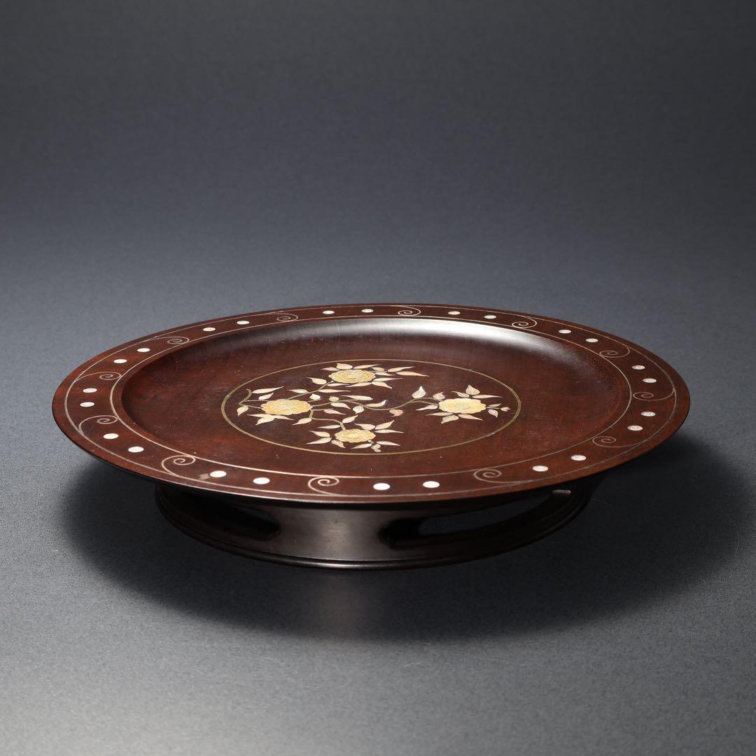 漆塗　丸盆　黄銅銀 螺鈿野菊文丸盆　共箱　吉本寿　R1430お3