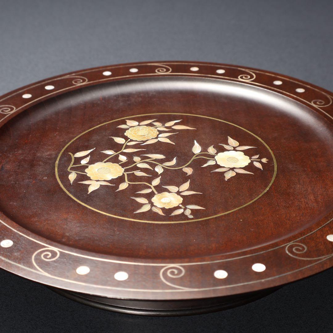 漆塗　丸盆　黄銅銀 螺鈿野菊文丸盆　共箱　吉本寿　R1430お3