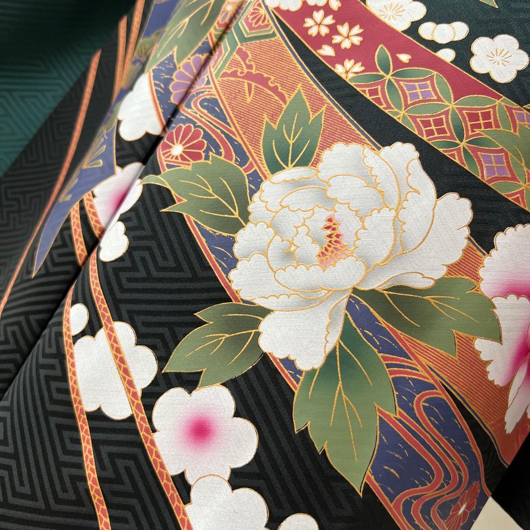 387 振袖フルセット 正絹 深緑 グリーン 金彩 暈し染め ゆったり XL