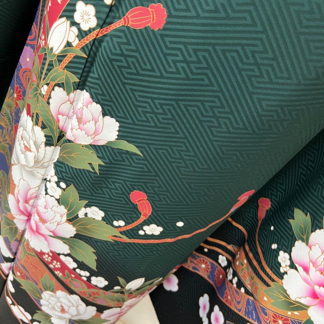 387 振袖フルセット 正絹 深緑 グリーン 金彩 暈し染め ゆったり XL
