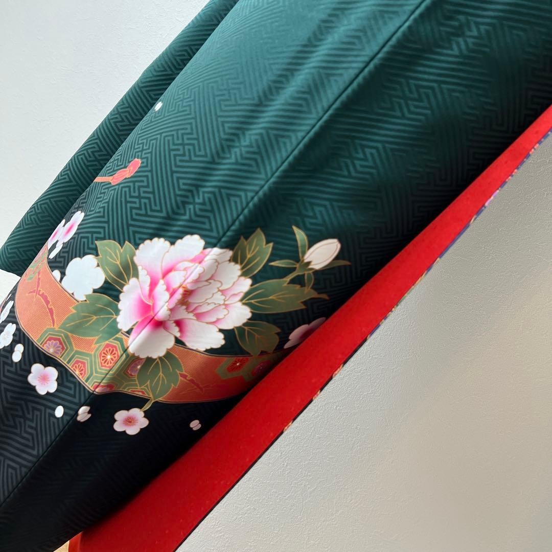 387 振袖フルセット 正絹 深緑 グリーン 金彩 暈し染め ゆったり XL