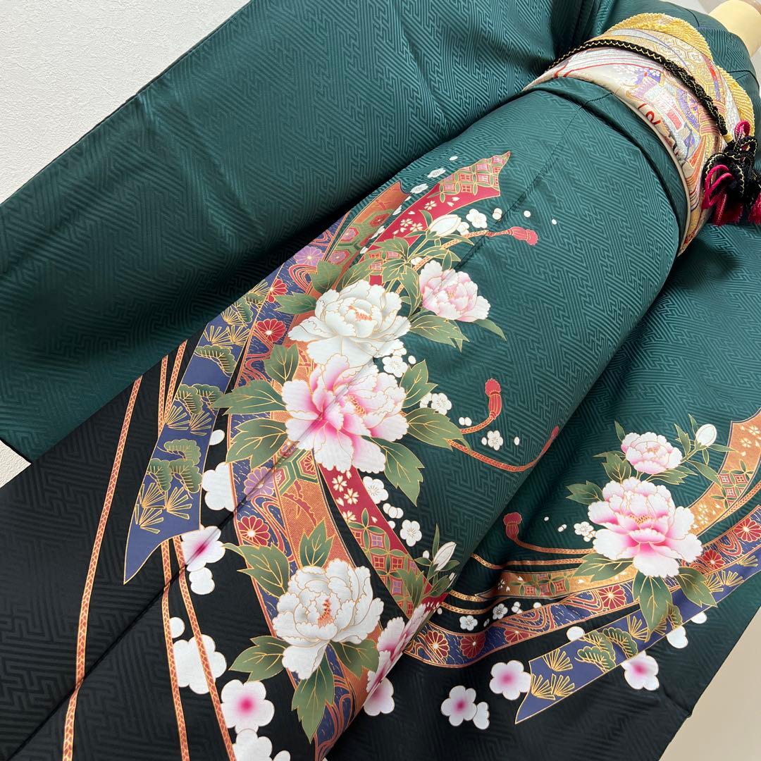 387 振袖フルセット 正絹 深緑 グリーン 金彩 暈し染め ゆったり XL