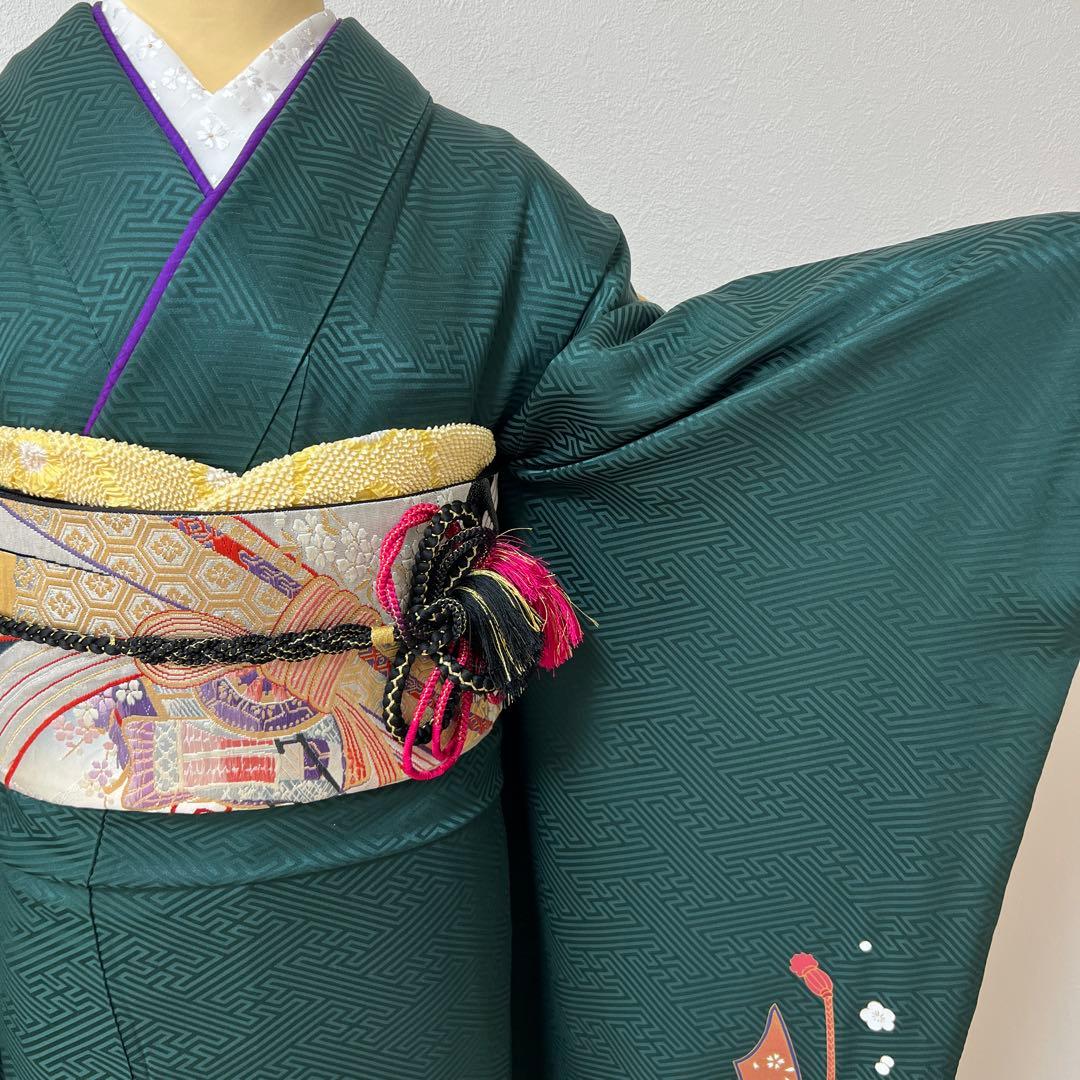 387 振袖フルセット 正絹 深緑 グリーン 金彩 暈し染め ゆったり XL