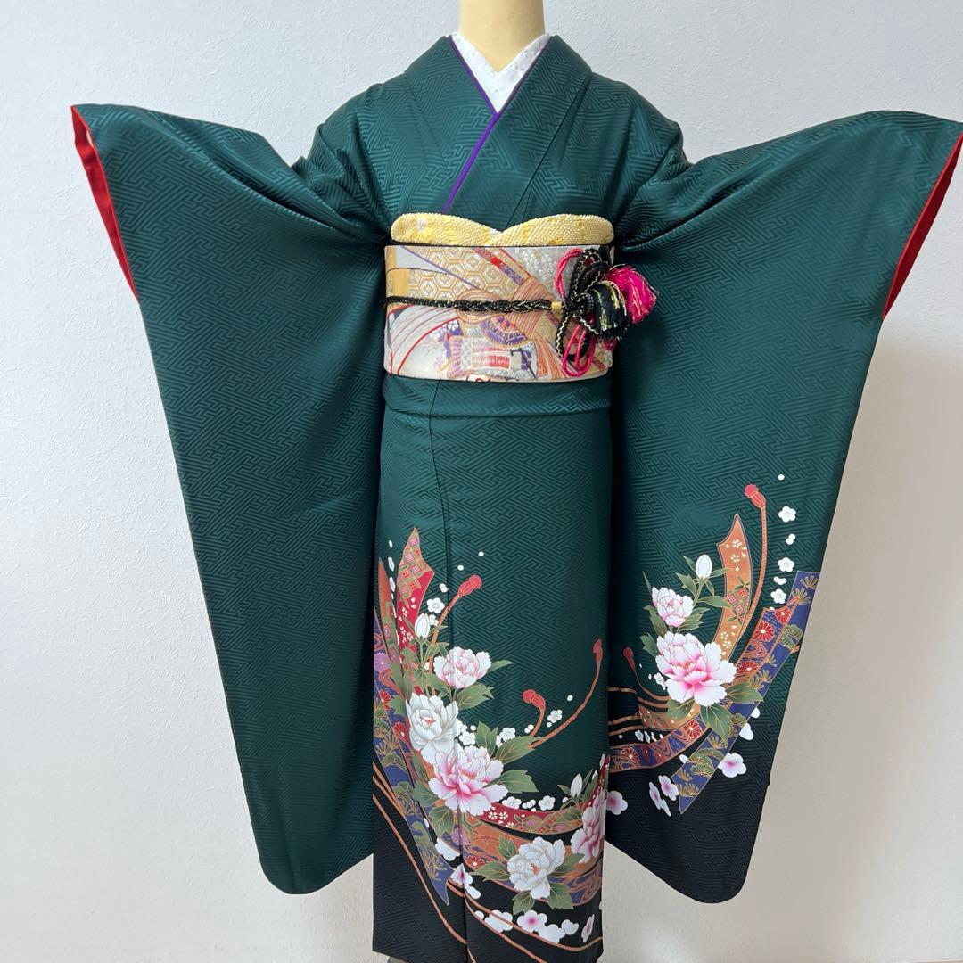 387 振袖フルセット 正絹 深緑 グリーン 金彩 暈し染め ゆったり XL