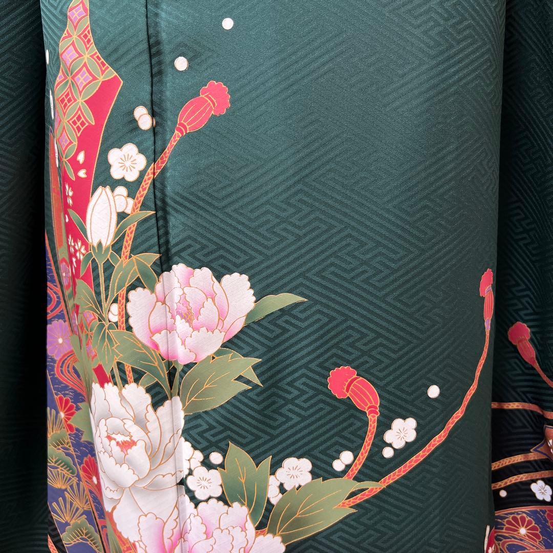 387 振袖フルセット 正絹 深緑 グリーン 金彩 暈し染め ゆったり XL