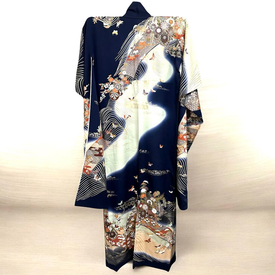 美品✨️ 大きいサイズ 振袖 長襦袢 ハンガー セット 正絹 ネイビー 蝶々 花柄