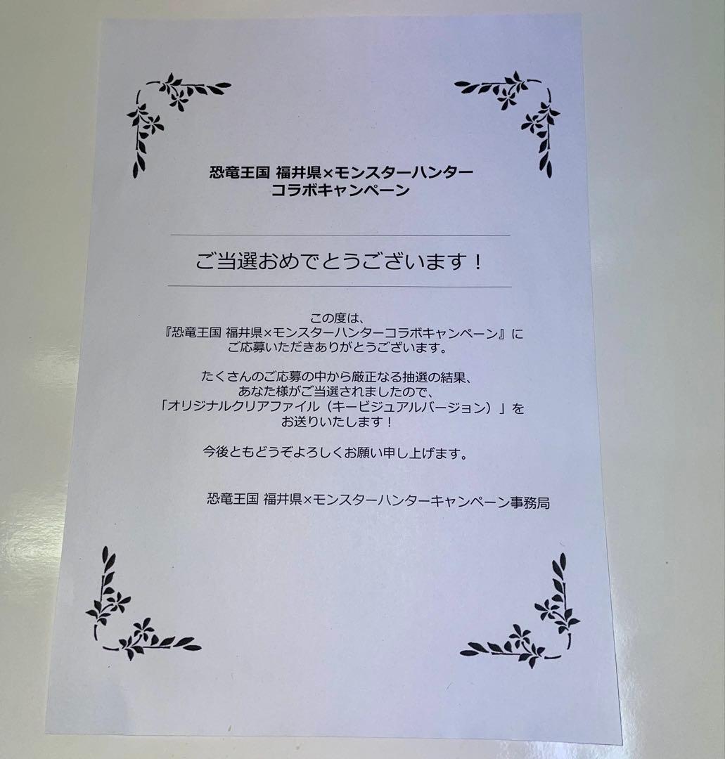 【クリアファイル】モンスターハンター モンハン 福井県コラボ 限定 当選品 抽選