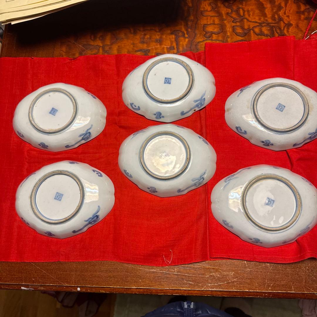 I様へ感謝お嫁入り‼️伊万里錦手若松＆橙＆ふきよせ兜形刺身皿 十字模様なし6客