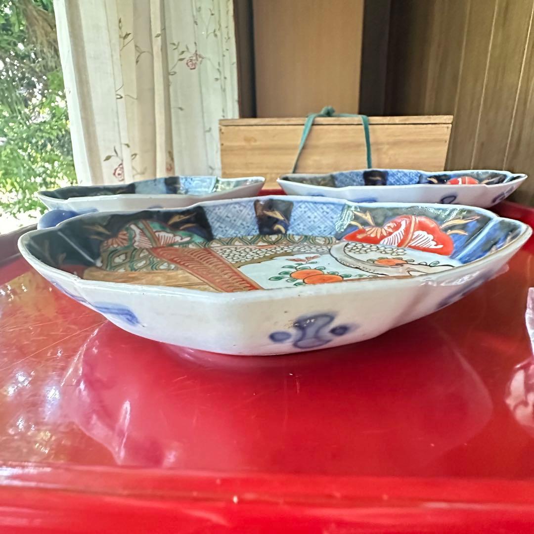 I様へ感謝お嫁入り‼️伊万里錦手若松＆橙＆ふきよせ兜形刺身皿 十字模様なし6客