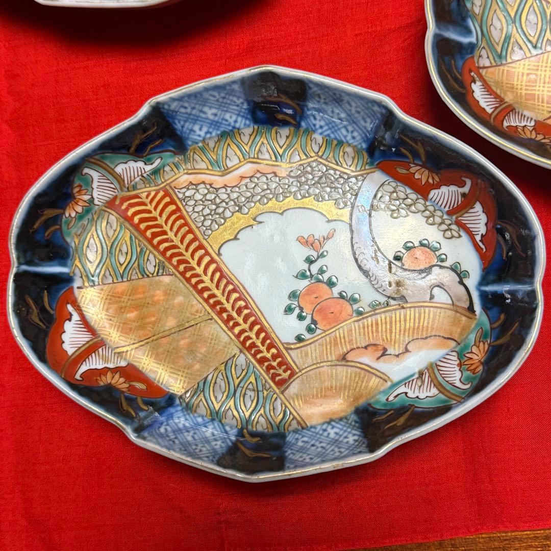 I様へ感謝お嫁入り‼️伊万里錦手若松＆橙＆ふきよせ兜形刺身皿 十字模様なし6客