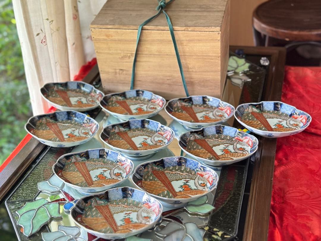 I様へ感謝お嫁入り‼️伊万里錦手若松＆橙＆ふきよせ兜形刺身皿 十字模様なし6客