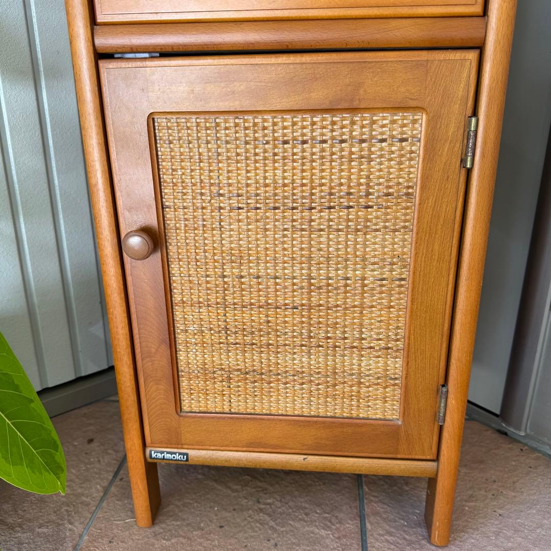 カリモク　ラタン　木製電話台・ファックス台 引き出し付き