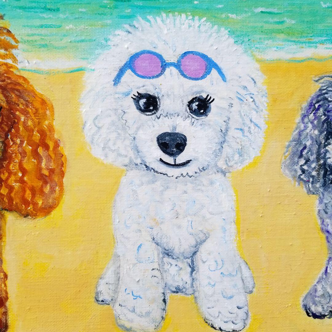 油絵　マミ ラニカイビーチを楽しむキュートな犬たち　大きいキャンバス