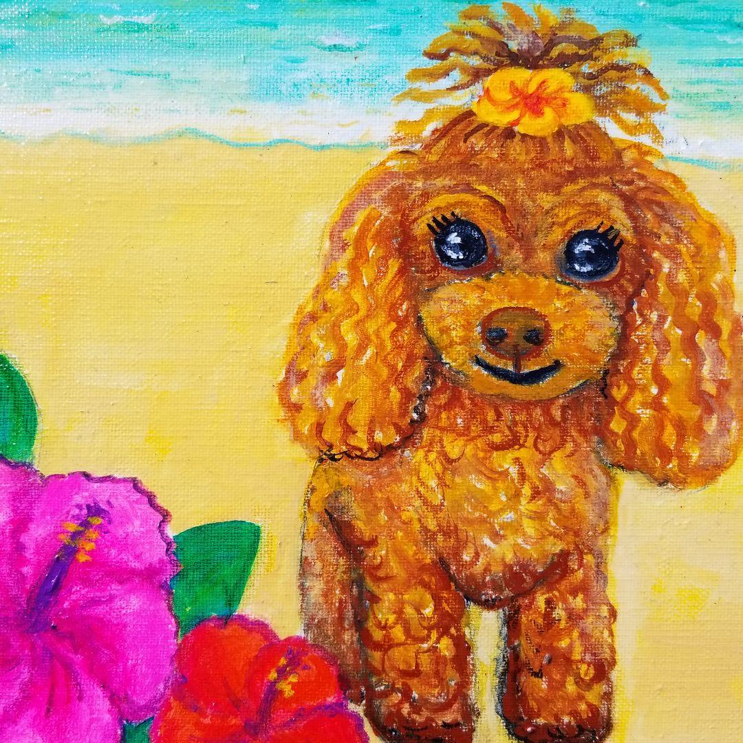 油絵　マミ ラニカイビーチを楽しむキュートな犬たち　大きいキャンバス