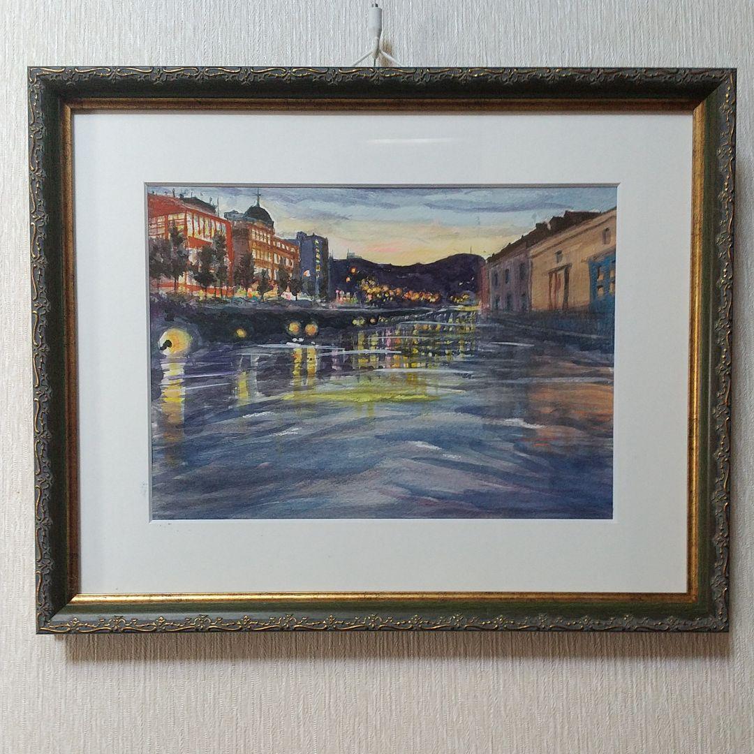 小樽運河夜景 水彩画   (F4)