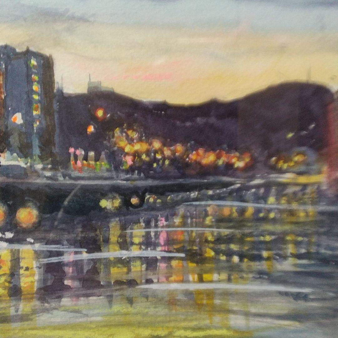 小樽運河夜景 水彩画   (F4)