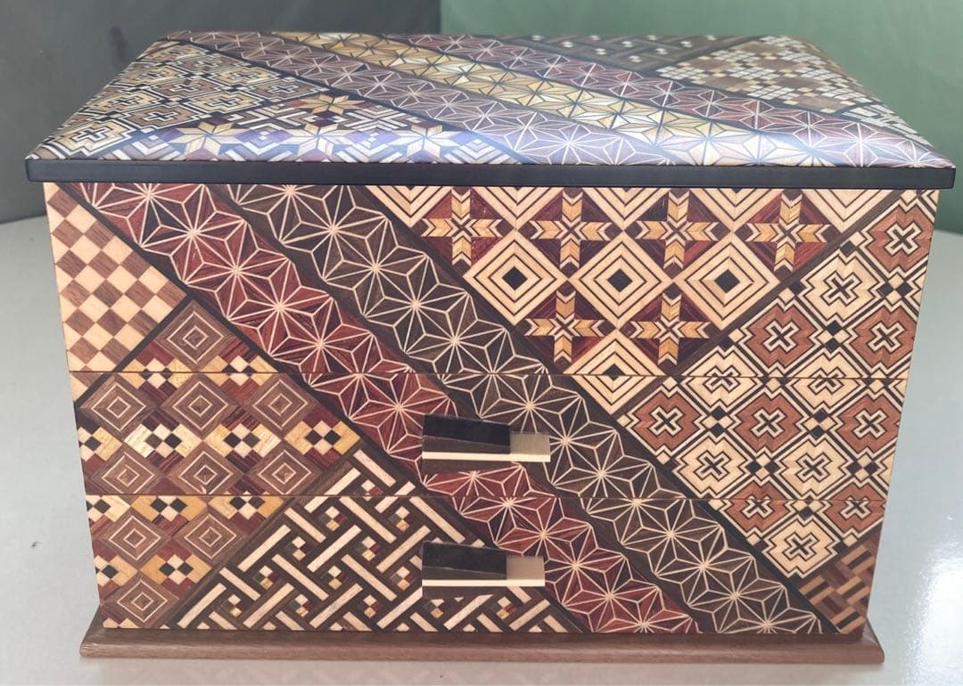 箱根寄木細工 木製収納ボックス　７寸２ツ引き出し ハネ鏡