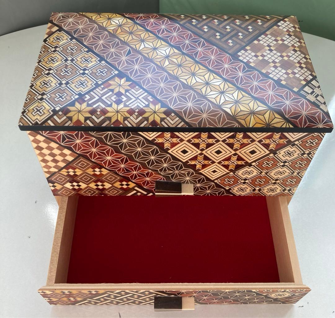 箱根寄木細工 木製収納ボックス　７寸２ツ引き出し ハネ鏡