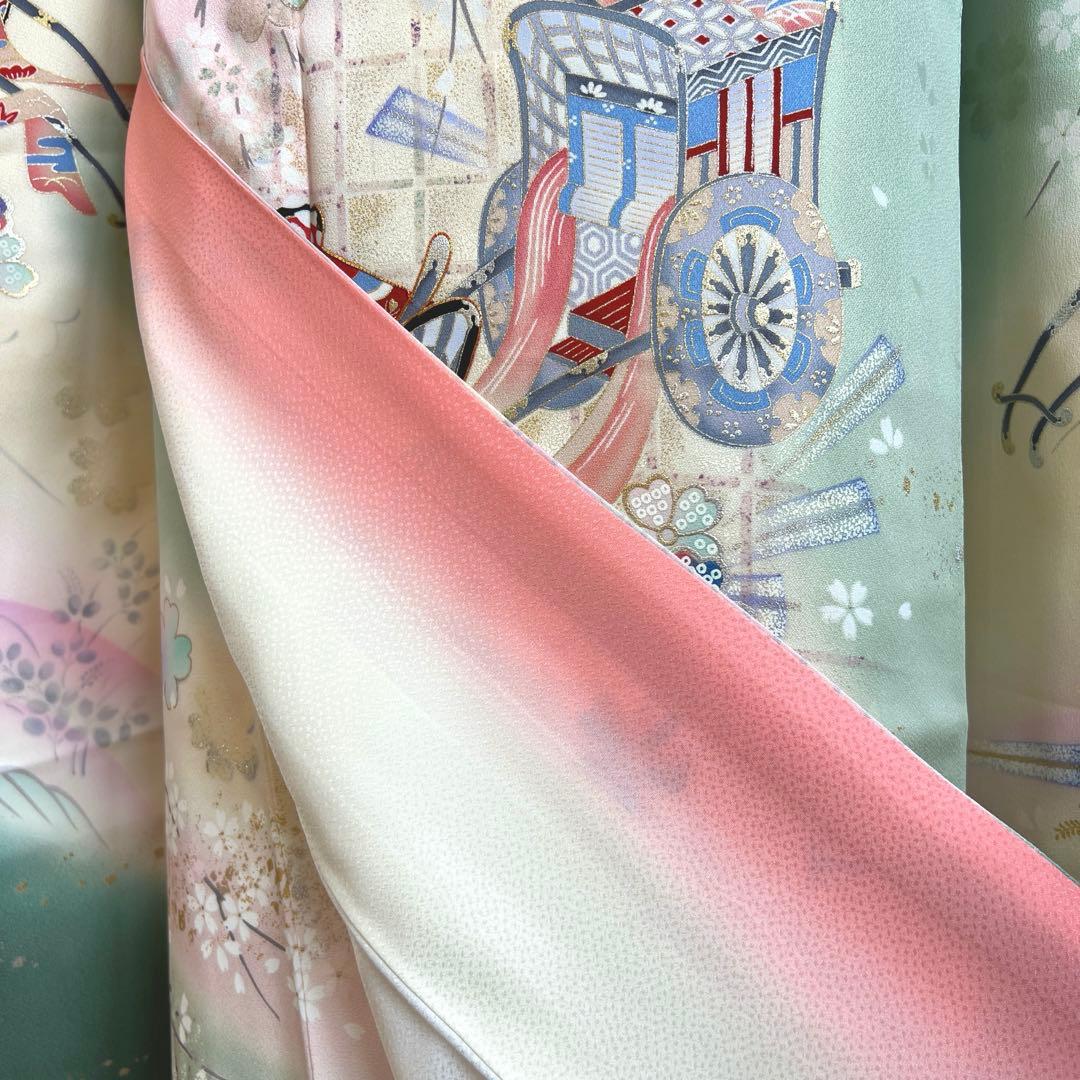 457 振袖フルセット 正絹 緑 グリーン ピンク 桃 金彩 駒刺繍 暈し染め