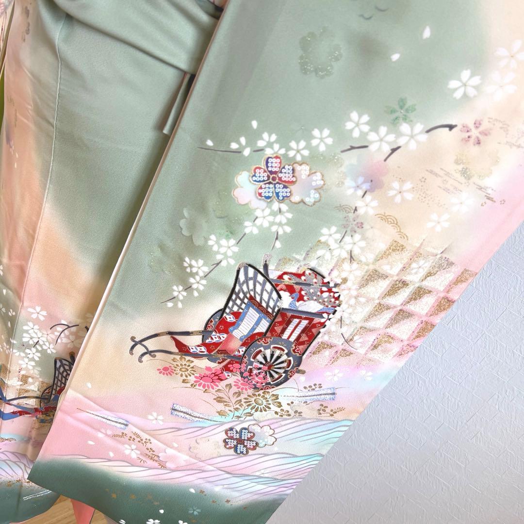 457 振袖フルセット 正絹 緑 グリーン ピンク 桃 金彩 駒刺繍 暈し染め