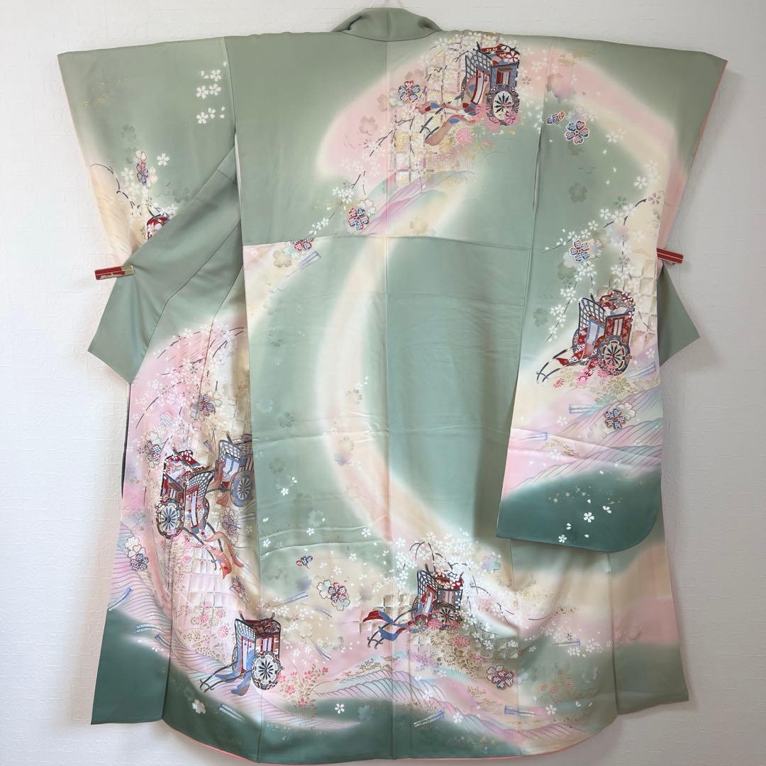 457 振袖フルセット 正絹 緑 グリーン ピンク 桃 金彩 駒刺繍 暈し染め