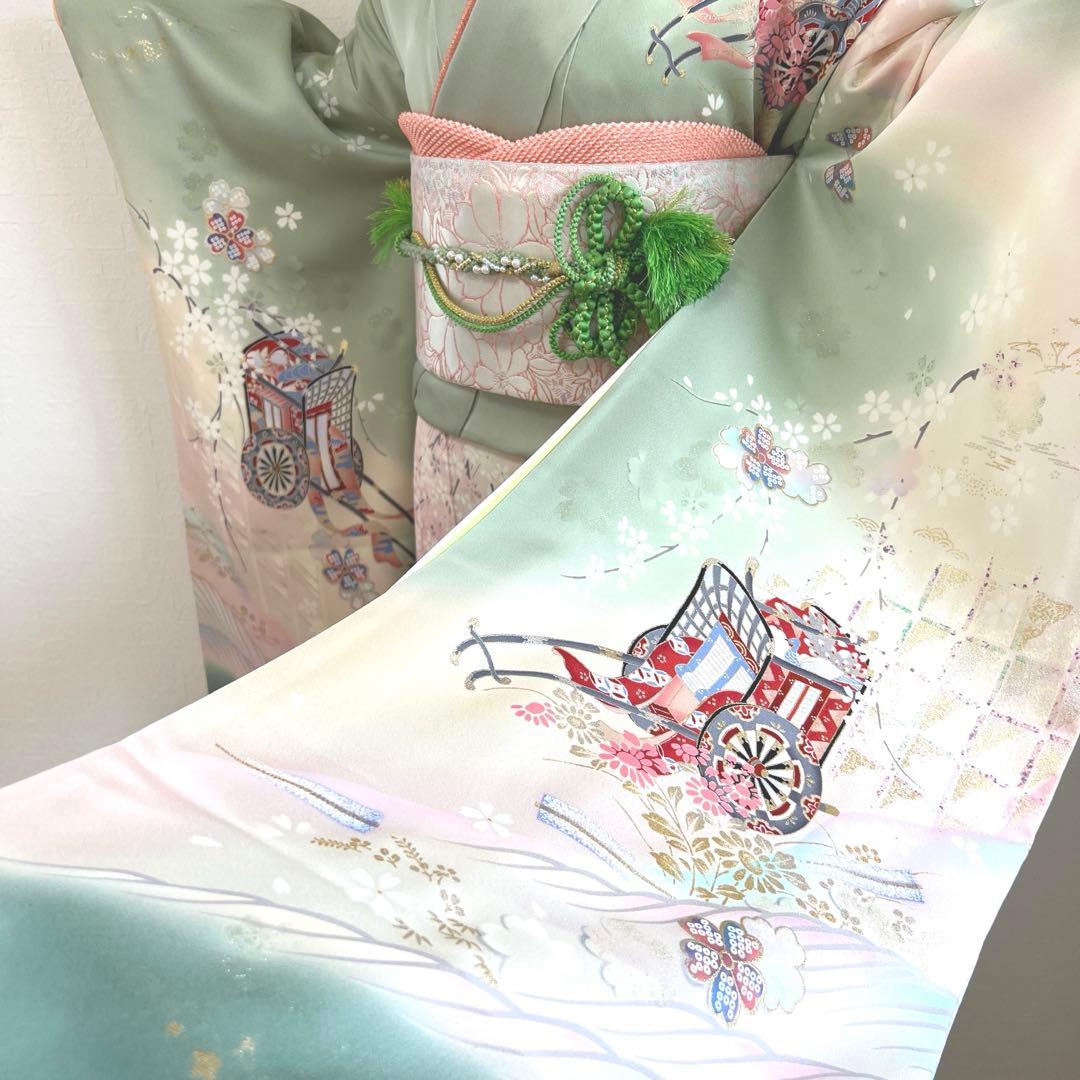 457 振袖フルセット 正絹 緑 グリーン ピンク 桃 金彩 駒刺繍 暈し染め