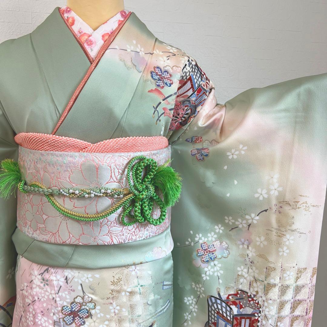 457 振袖フルセット 正絹 緑 グリーン ピンク 桃 金彩 駒刺繍 暈し染め