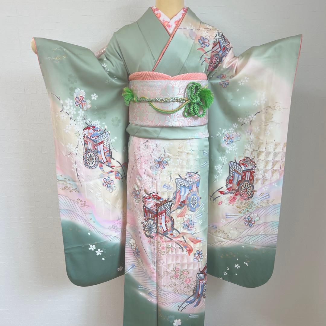 457 振袖フルセット 正絹 緑 グリーン ピンク 桃 金彩 駒刺繍 暈し染め