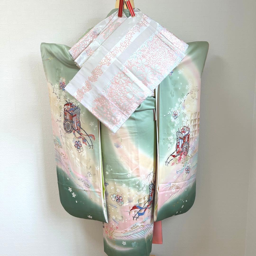457 振袖フルセット 正絹 緑 グリーン ピンク 桃 金彩 駒刺繍 暈し染め