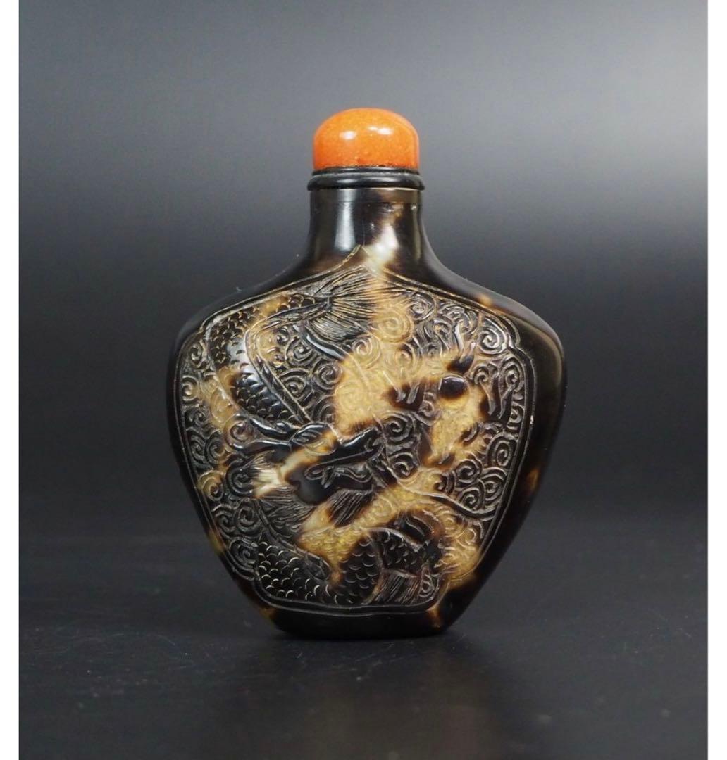 送料無料　清時代本べっ甲（玳瑁）龍鳳細密彫刻鼻煙壺 ★時代珍品★