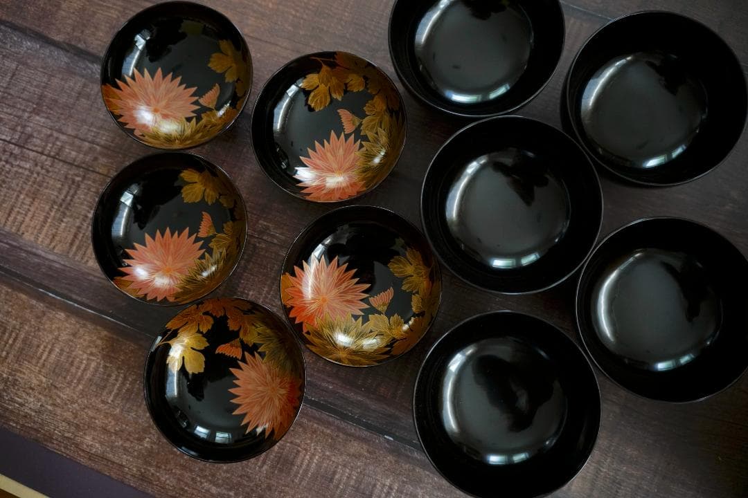 輪島塗　菊水蒔絵　　雑煮椀　煮物椀　５客