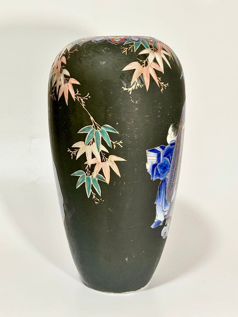 明治初期 香蘭社 褐地色絵竹林賢人図花瓶 有田焼 伊万里