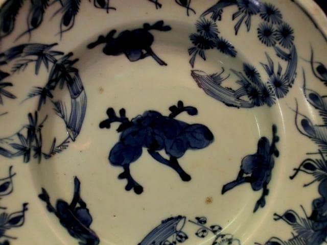 鉢■染付 丸紋 鳳凰 竹梅 唐草 三つ足 江戸後期 古美術 時代物 骨董品■