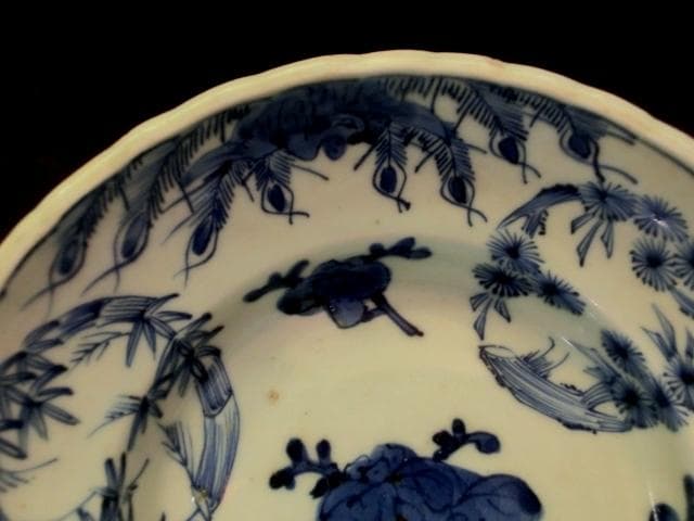 鉢■染付 丸紋 鳳凰 竹梅 唐草 三つ足 江戸後期 古美術 時代物 骨董品■