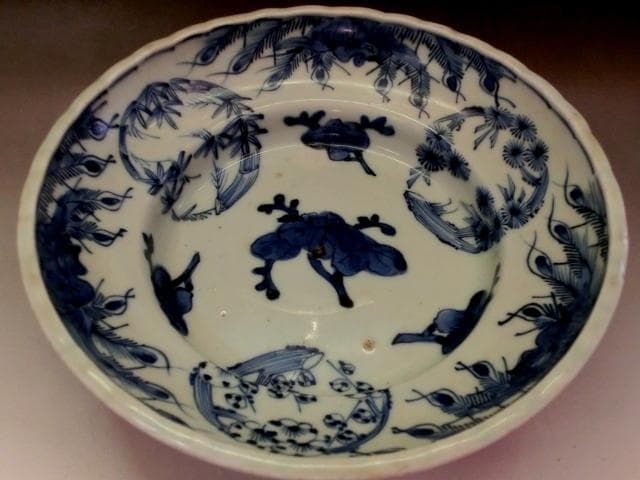 鉢■染付 丸紋 鳳凰 竹梅 唐草 三つ足 江戸後期 古美術 時代物 骨董品■