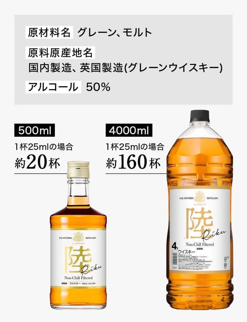 【新品未開封】陸 キリン ウイスキー4000ml ウィスキー 大容量×3