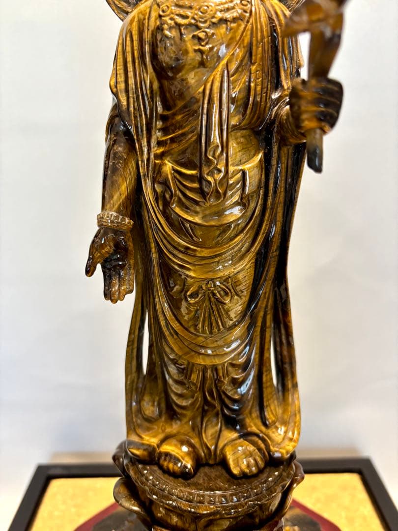 #タイガーアイ製 聖観音菩薩立像 ガラスケース 観世音菩薩　高さ約40cm