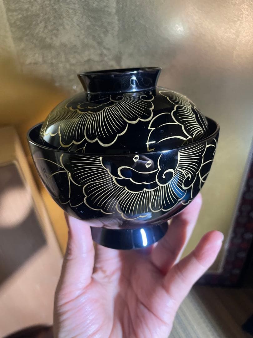 美品　未使用 高級輪島塗 わじま　市中泰三漆器店　黒漆沈金 吸物椀5客