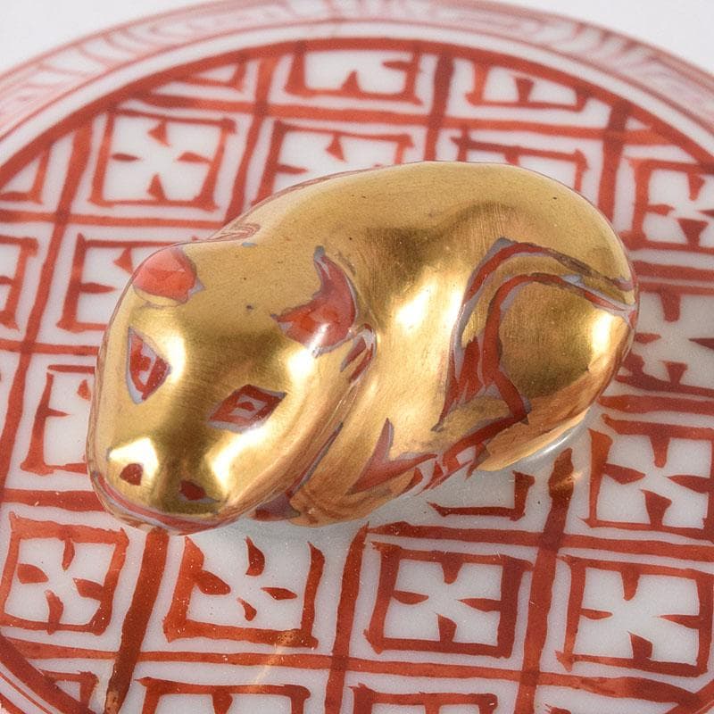 茶道具　京焼　平安　高野昭阿弥造　赤絵金彩　干支丑香合　共箱　V　8003