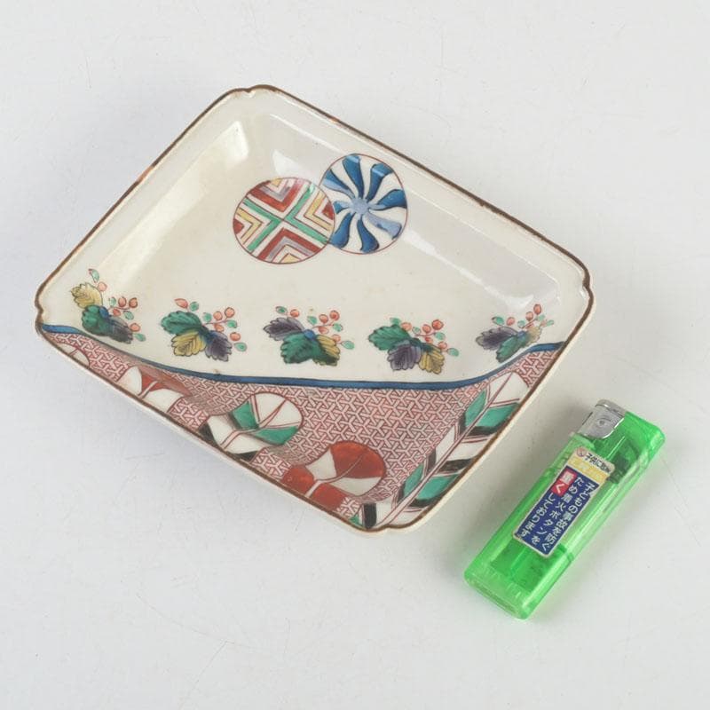 九谷焼　古九谷　角福銘　色絵花草文　四方皿　時代箱　C　9248