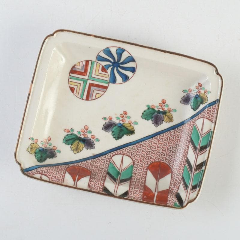 九谷焼　古九谷　角福銘　色絵花草文　四方皿　時代箱　C　9248