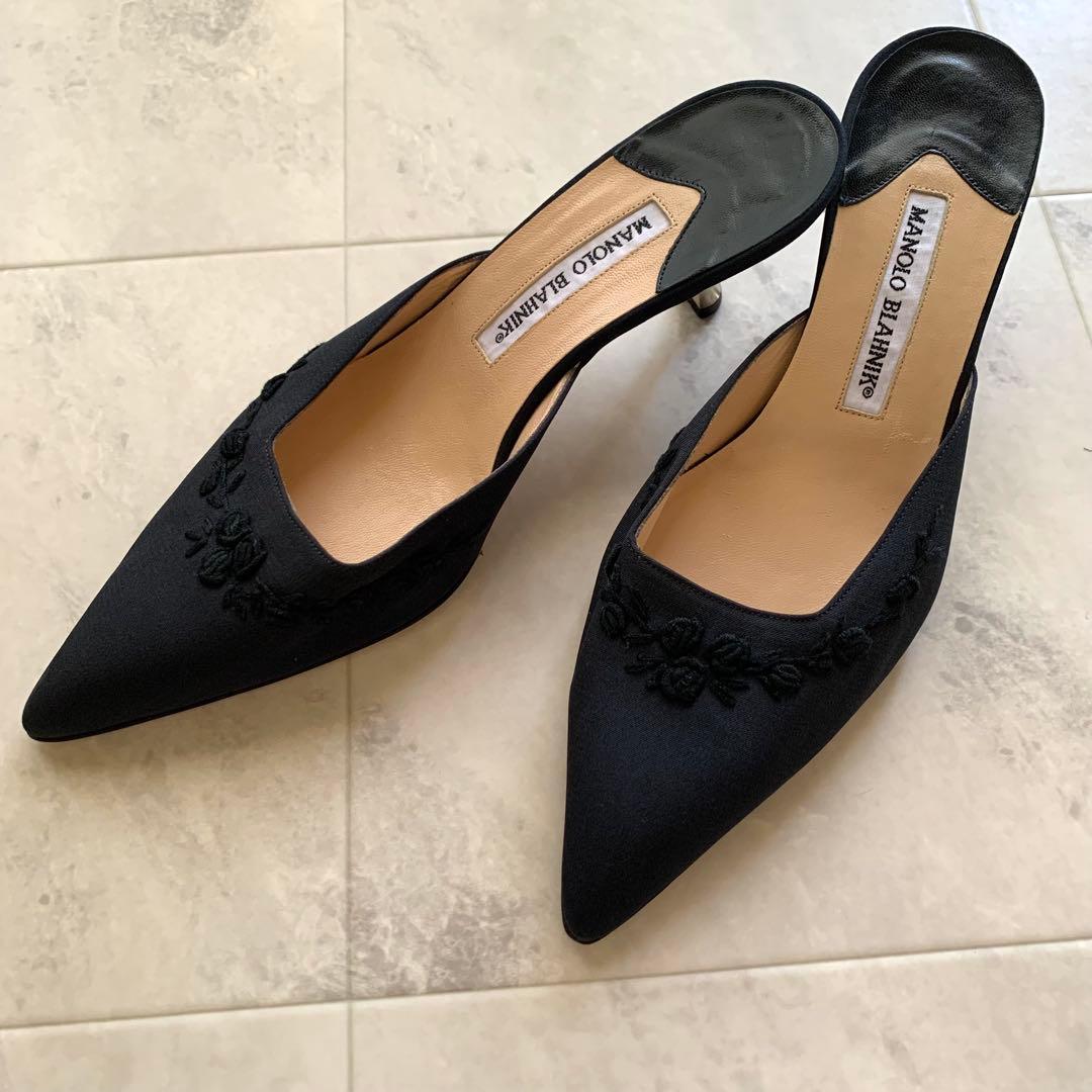 マノロブラニク ミュール サンダル 花 刺繍 ヒール ブラック 38 25cm