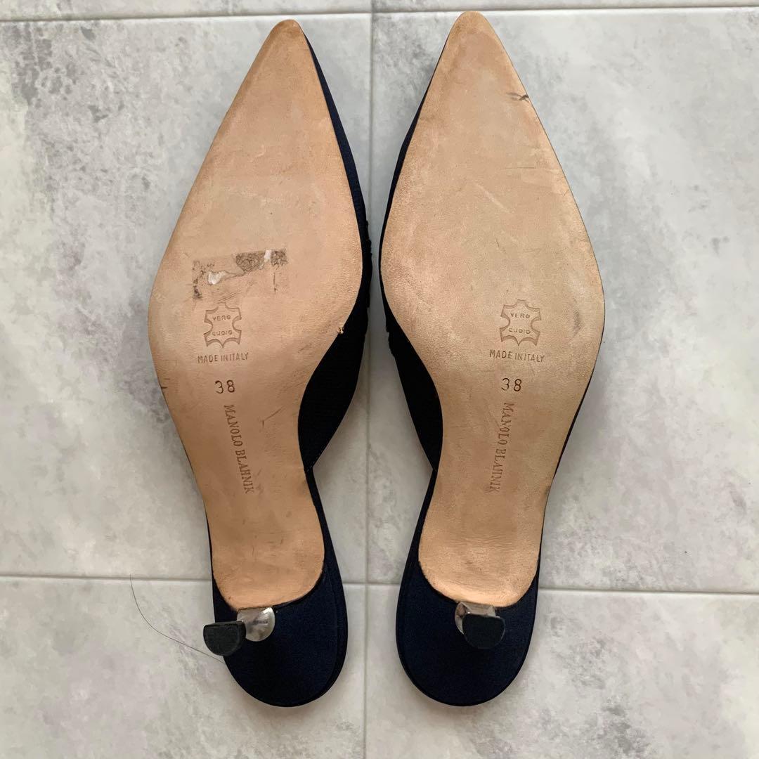 マノロブラニク ミュール サンダル 花 刺繍 ヒール ブラック 38 25cm