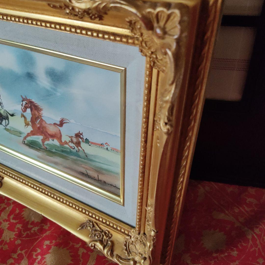 三上隆彦 馬 絵 金額縁 本物 馬の三く上 サラブレッド 競走馬