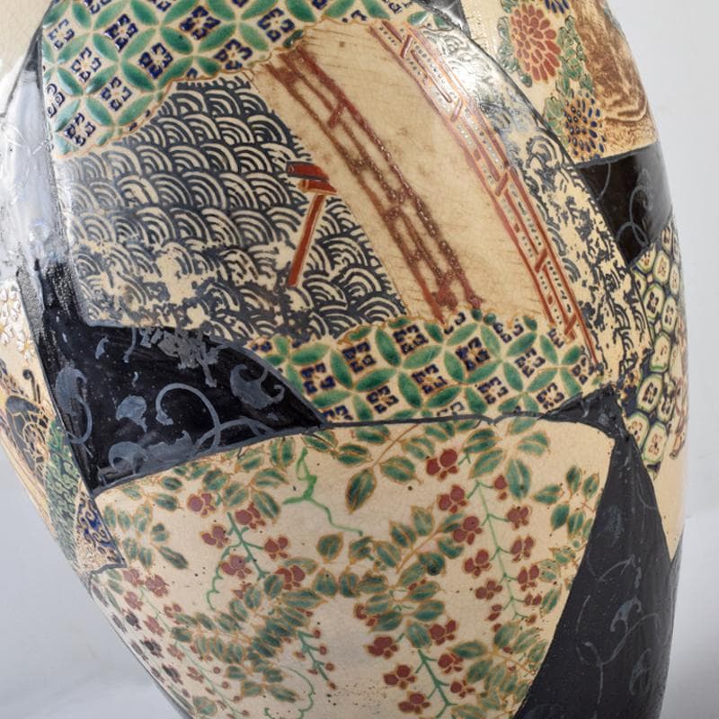 薩摩焼　古薩摩　色絵金彩　扇窓絵鳳凰獅子花文瓶　壷　高さ約45㎝　UR7915B