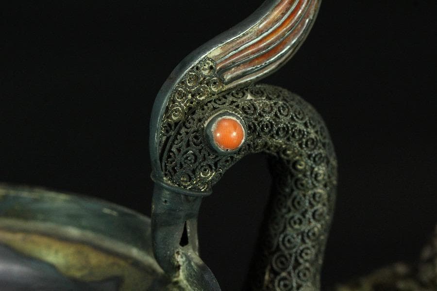 銀七宝 鳳 和田玉 白玉刻花鳥 宝石 珊瑚 象嵌 花鳥 饕餮(K-A156)