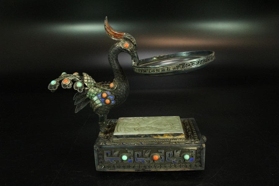 銀七宝 鳳 和田玉 白玉刻花鳥 宝石 珊瑚 象嵌 花鳥 饕餮(K-A156)