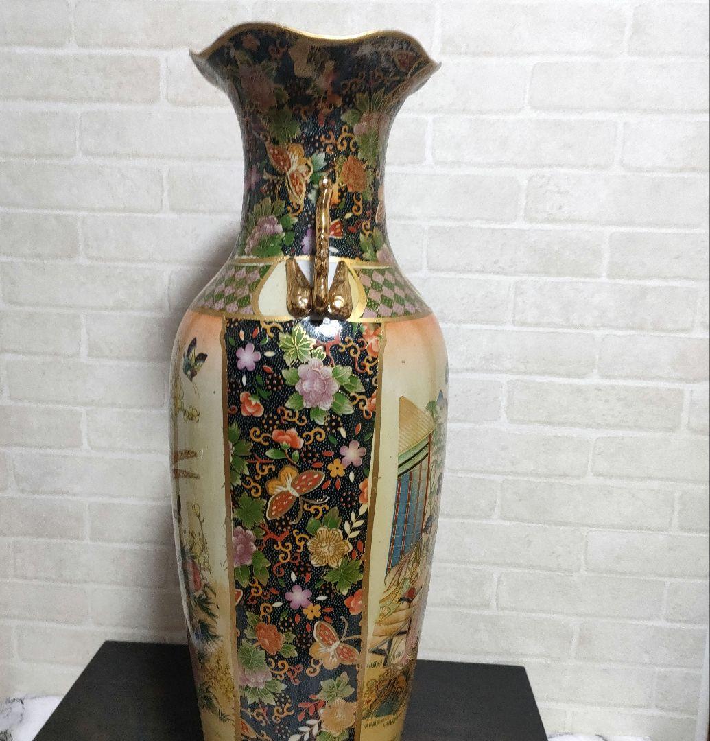 中国美術 大型飾り壺 双耳大花瓶 金彩 美人画 花鳥蝶 豪華爛漫 60cmサイズ