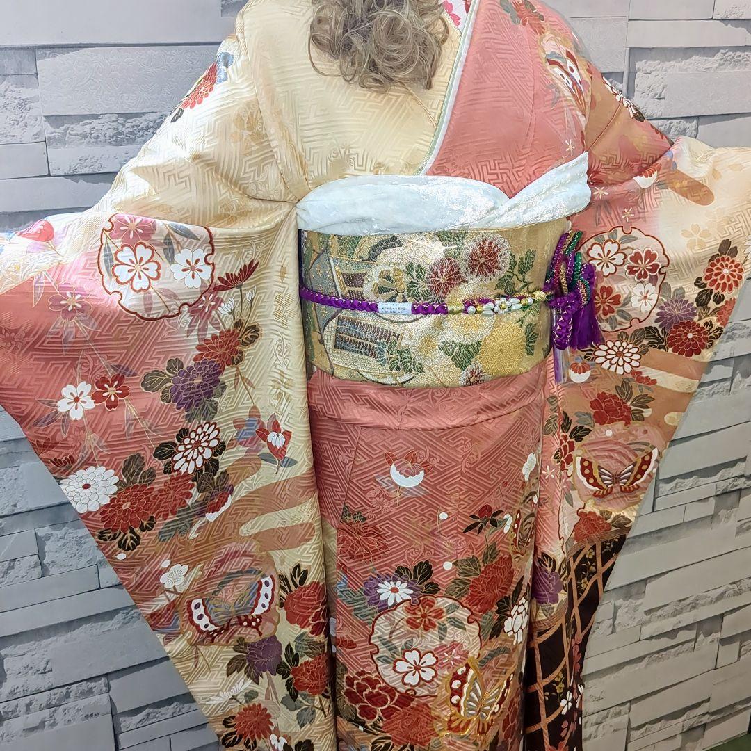 振袖セット 振袖フルセット 駒刺繍 雪輪花蝶文 金彩 ピンク系×クリーム 50