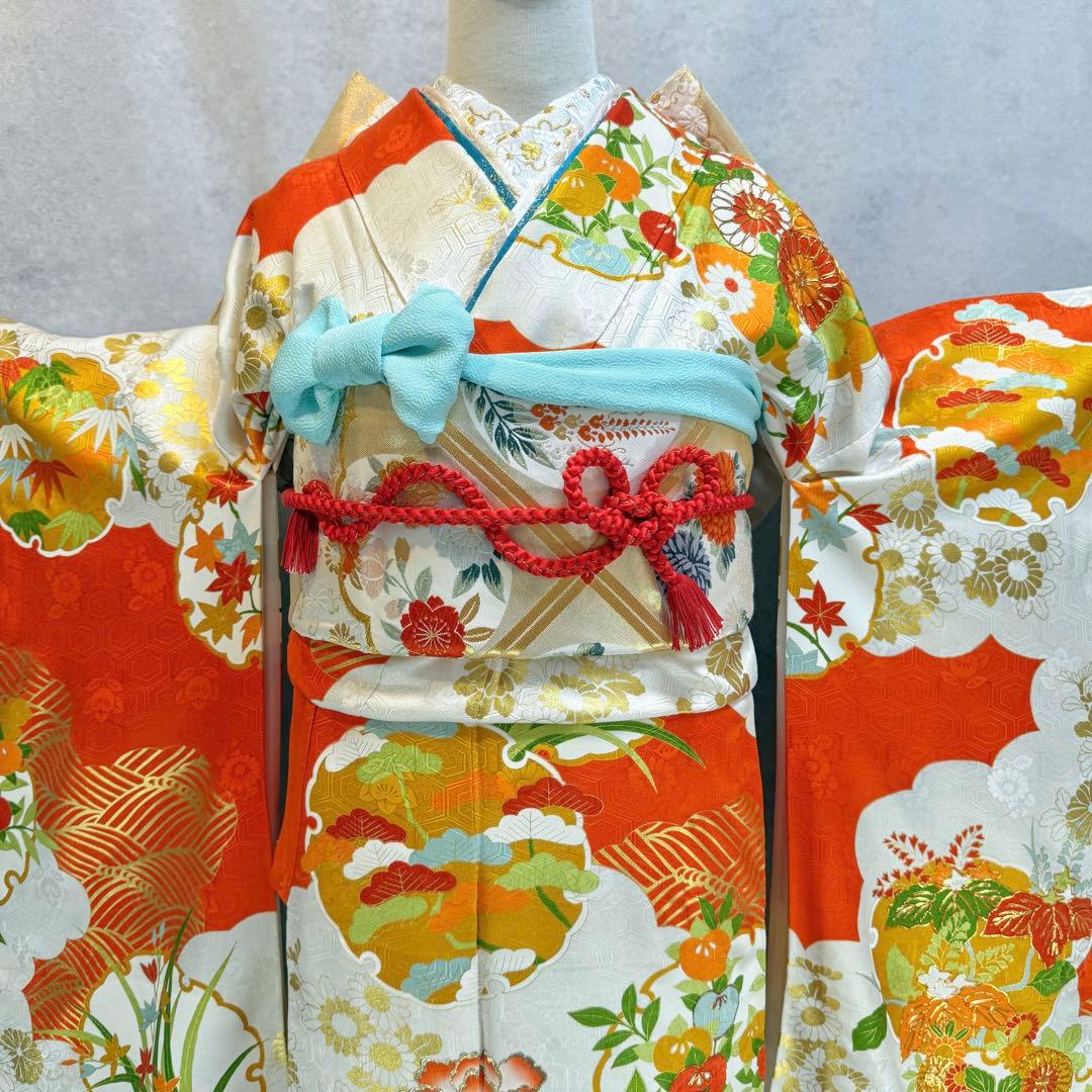振袖フルセット　古典柄　トールサイズ　161〜171　白地オレンジ　正絹　成人式